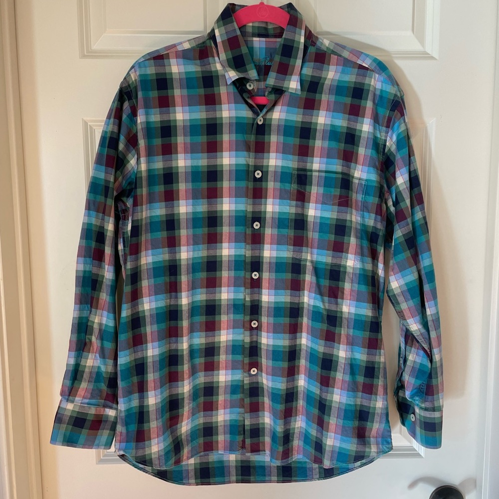 Alan Flusser Men’s Long-Sleeved Button Down Plaid Shirt, Size Medium